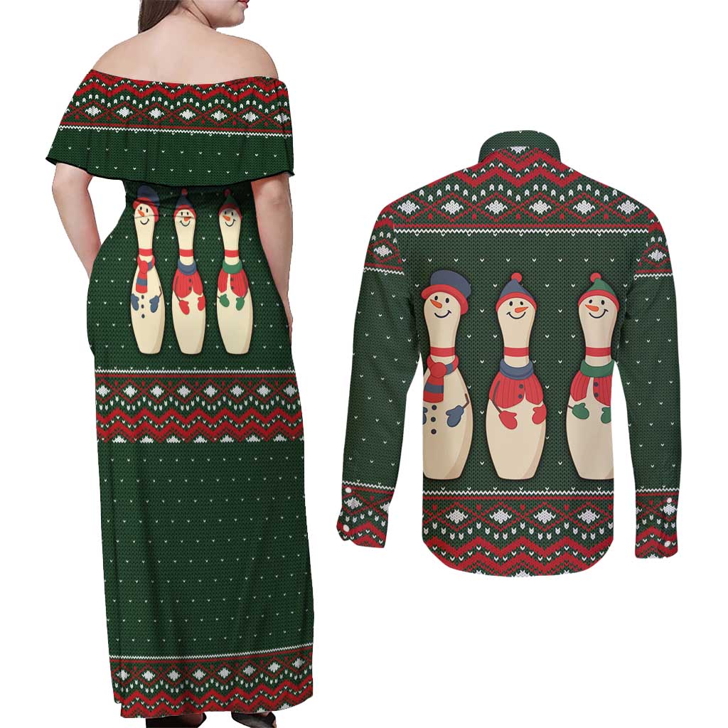 Christmas Bowling Rollin With My Snowmies Couples Matching Off Shoulder Maxi Dress and Long Sleeve Button Shirt Xmas Holiday Patterns - Wonder Print Shop