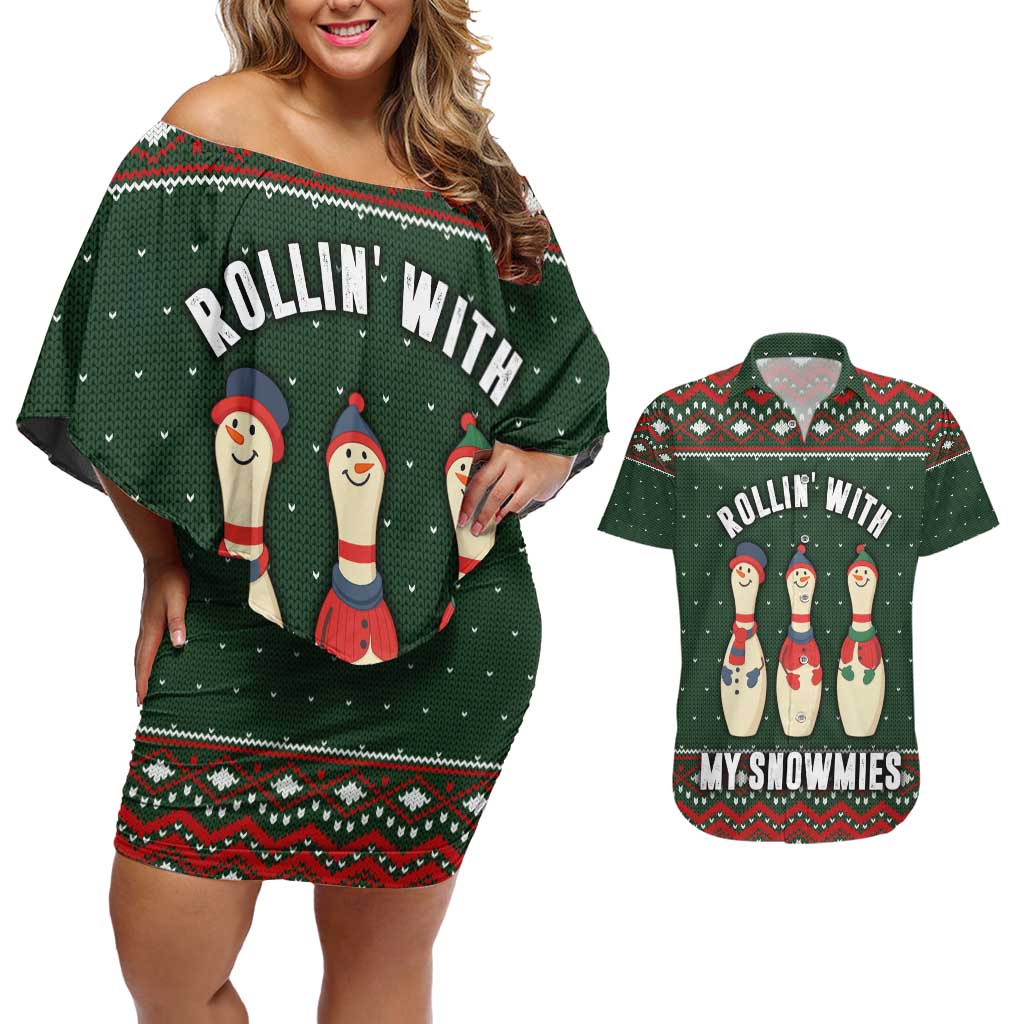 Christmas Bowling Rollin With My Snowmies Couples Matching Off Shoulder Short Dress and Hawaiian Shirt Xmas Holiday Patterns - Wonder Print Shop