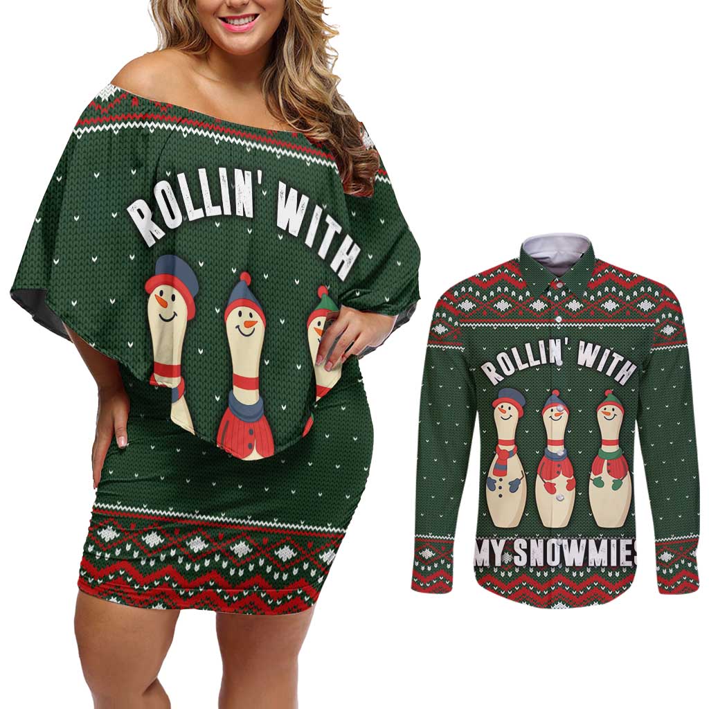 Christmas Bowling Rollin With My Snowmies Couples Matching Off Shoulder Short Dress and Long Sleeve Button Shirt Xmas Holiday Patterns - Wonder Print Shop