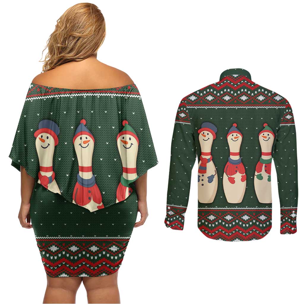 Christmas Bowling Rollin With My Snowmies Couples Matching Off Shoulder Short Dress and Long Sleeve Button Shirt Xmas Holiday Patterns - Wonder Print Shop
