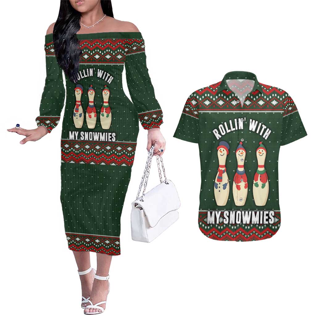 Christmas Bowling Rollin With My Snowmies Couples Matching Off The Shoulder Long Sleeve Dress and Hawaiian Shirt Xmas Holiday Patterns - Wonder Print Shop