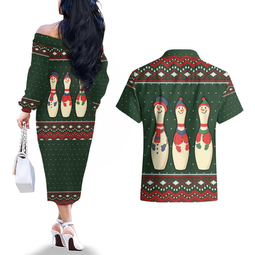 Christmas Bowling Rollin With My Snowmies Couples Matching Off The Shoulder Long Sleeve Dress and Hawaiian Shirt Xmas Holiday Patterns - Wonder Print Shop