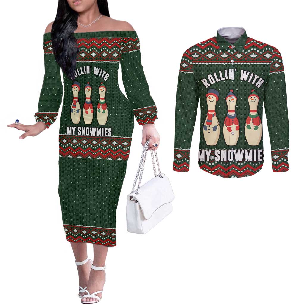 Christmas Bowling Rollin With My Snowmies Couples Matching Off The Shoulder Long Sleeve Dress and Long Sleeve Button Shirt Xmas Holiday Patterns - Wonder Print Shop