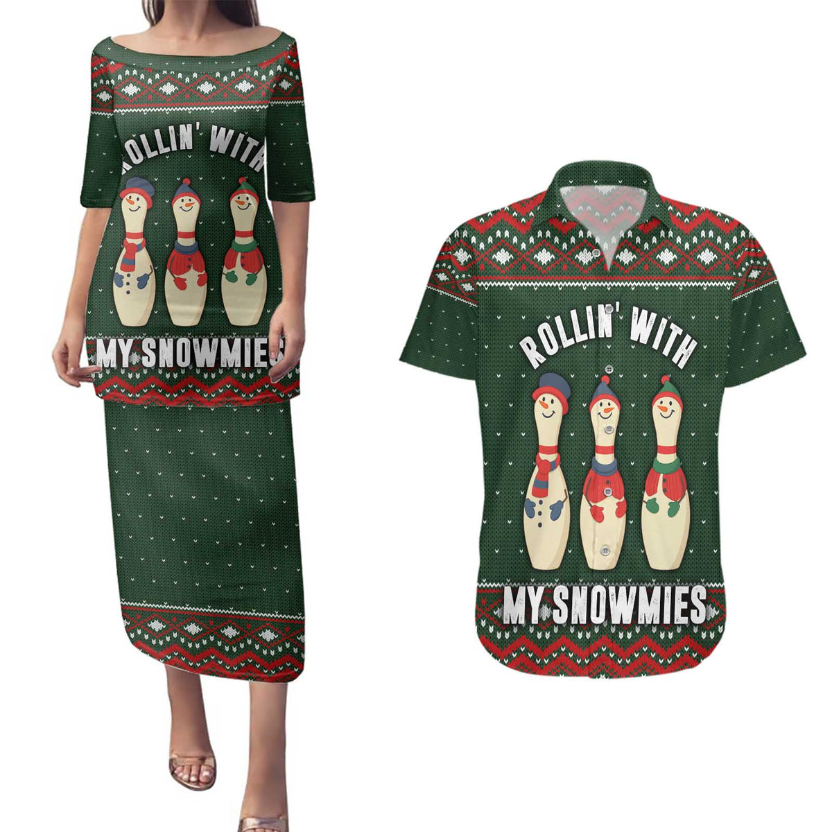 Christmas Bowling Rollin With My Snowmies Couples Matching Puletasi and Hawaiian Shirt Xmas Holiday Patterns - Wonder Print Shop