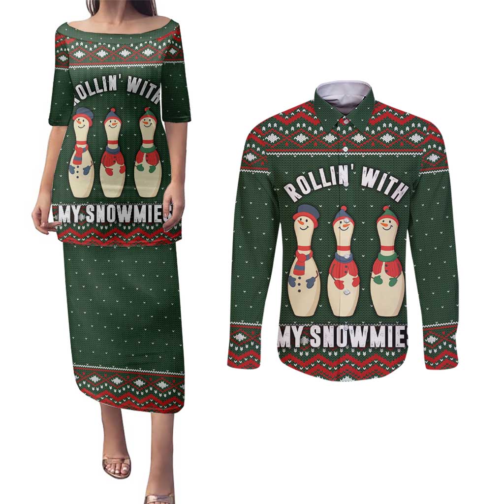 Christmas Bowling Rollin With My Snowmies Couples Matching Puletasi and Long Sleeve Button Shirt Xmas Holiday Patterns - Wonder Print Shop
