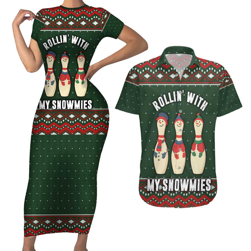Christmas Bowling Rollin With My Snowmies Couples Matching Short Sleeve Bodycon Dress and Hawaiian Shirt Xmas Holiday Patterns - Wonder Print Shop