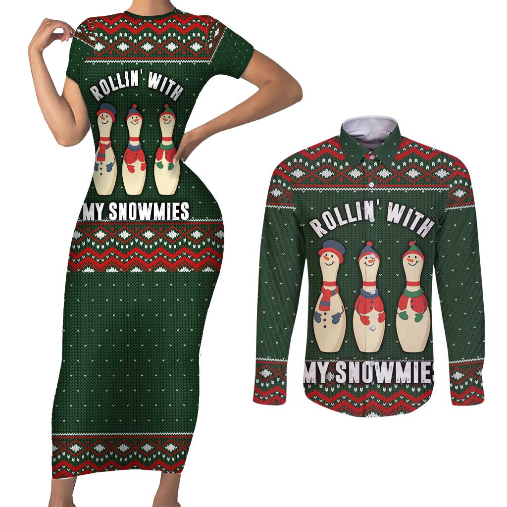 Christmas Bowling Rollin With My Snowmies Couples Matching Short Sleeve Bodycon Dress and Long Sleeve Button Shirt Xmas Holiday Patterns - Wonder Print Shop