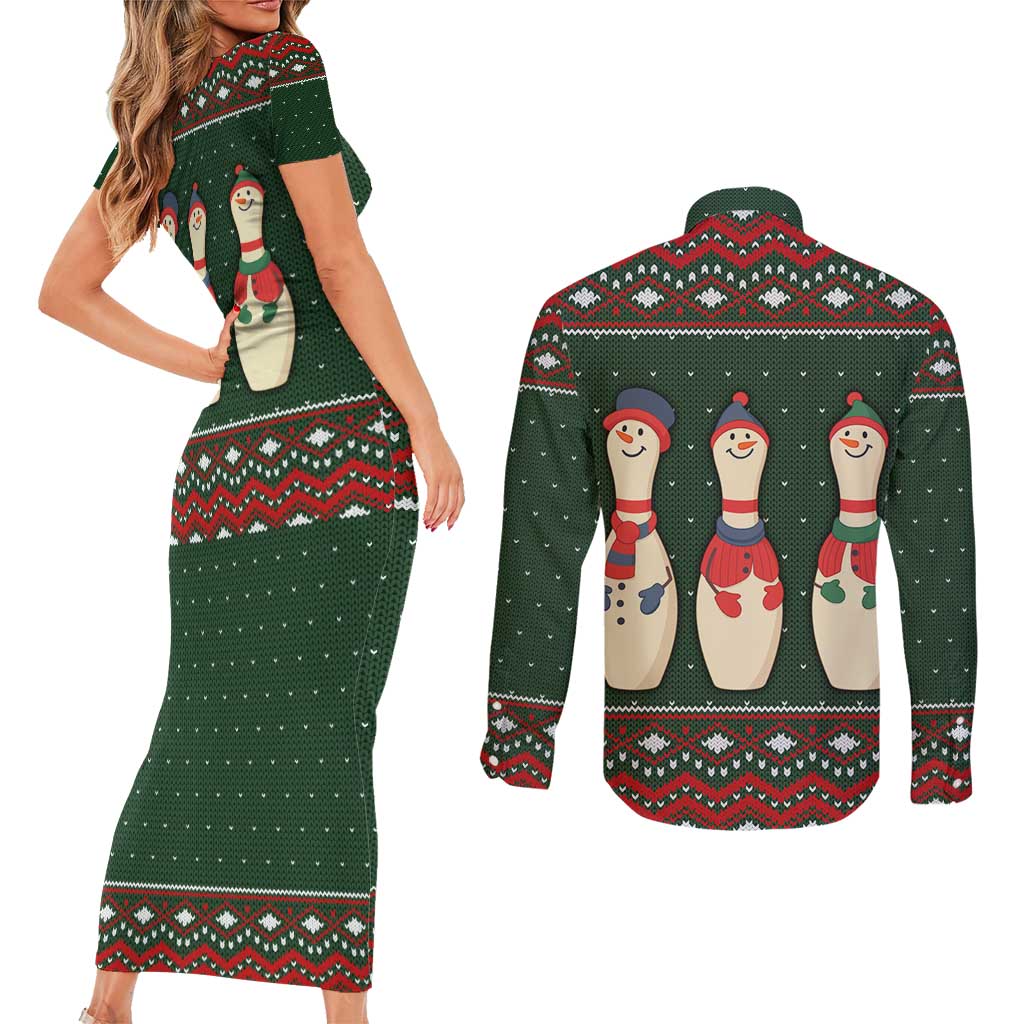 Christmas Bowling Rollin With My Snowmies Couples Matching Short Sleeve Bodycon Dress and Long Sleeve Button Shirt Xmas Holiday Patterns - Wonder Print Shop