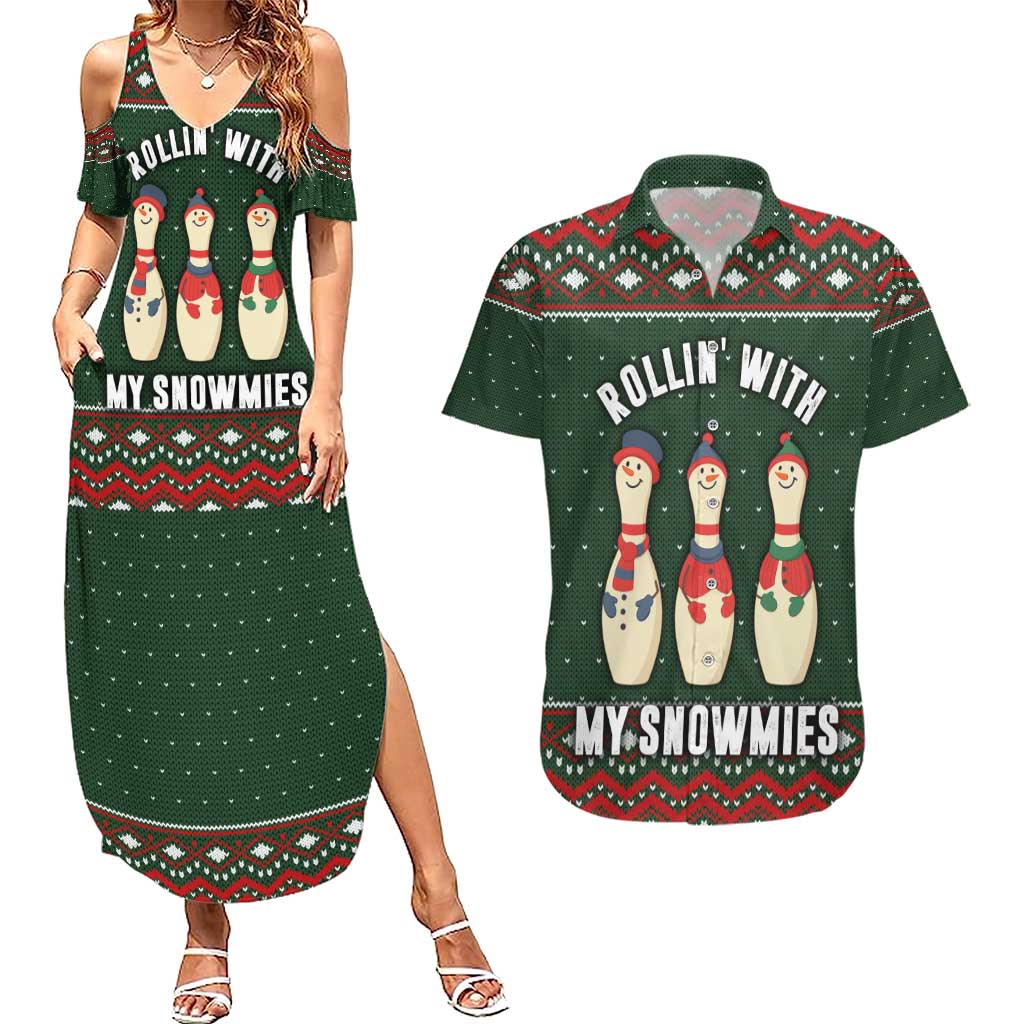 Christmas Bowling Rollin With My Snowmies Couples Matching Summer Maxi Dress and Hawaiian Shirt Xmas Holiday Patterns - Wonder Print Shop