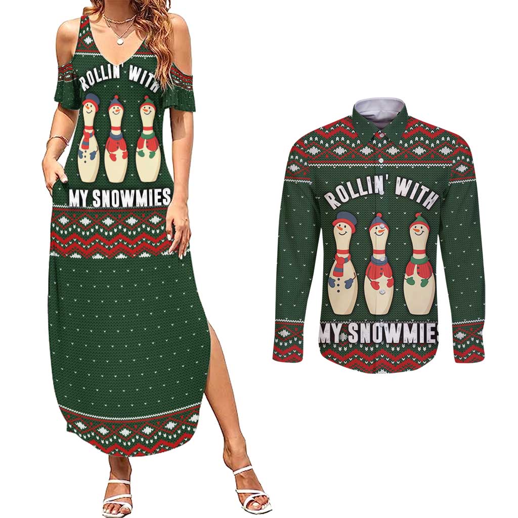 Christmas Bowling Rollin With My Snowmies Couples Matching Summer Maxi Dress and Long Sleeve Button Shirt Xmas Holiday Patterns - Wonder Print Shop