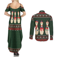 Christmas Bowling Rollin With My Snowmies Couples Matching Summer Maxi Dress and Long Sleeve Button Shirt Xmas Holiday Patterns - Wonder Print Shop
