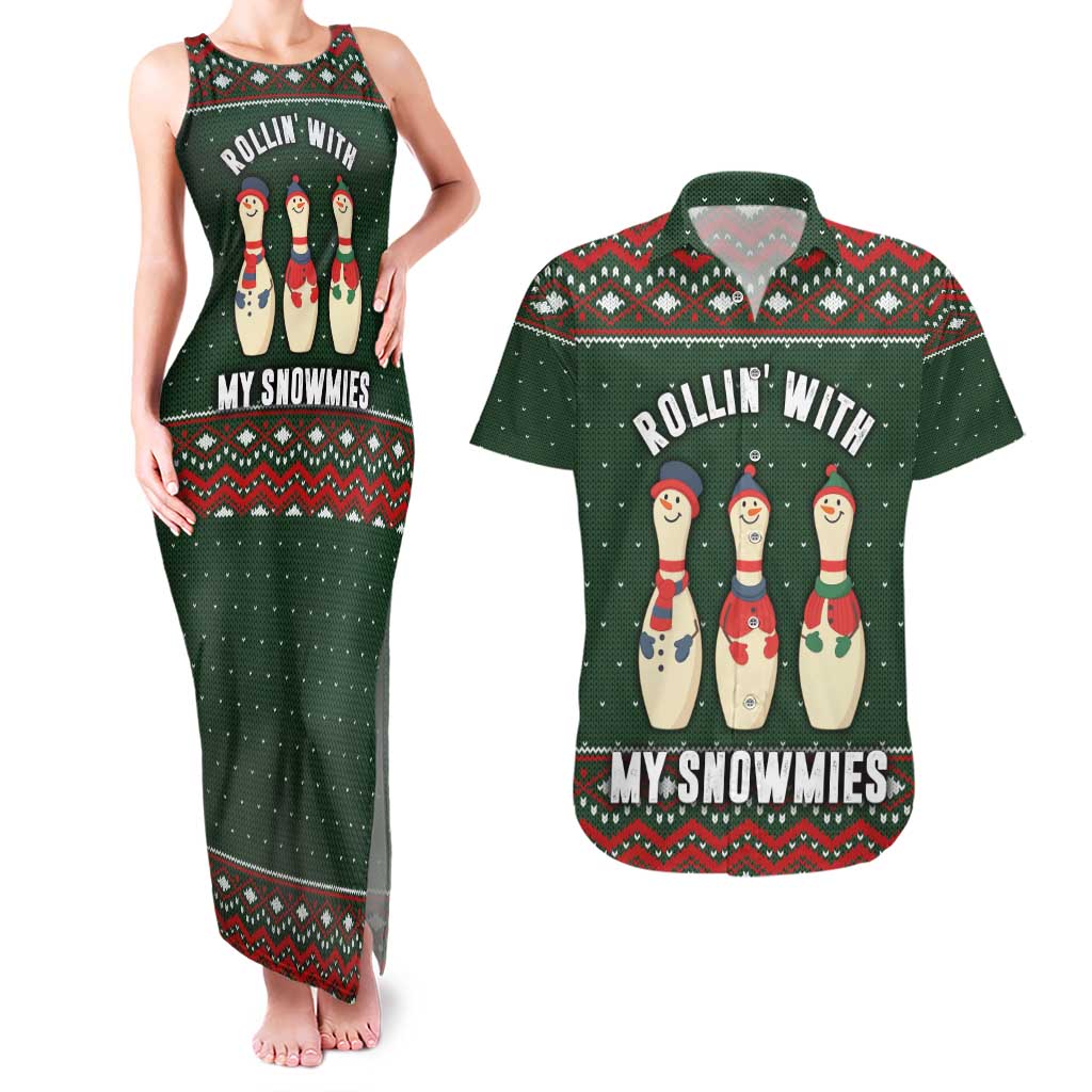 Christmas Bowling Rollin With My Snowmies Couples Matching Tank Maxi Dress and Hawaiian Shirt Xmas Holiday Patterns - Wonder Print Shop