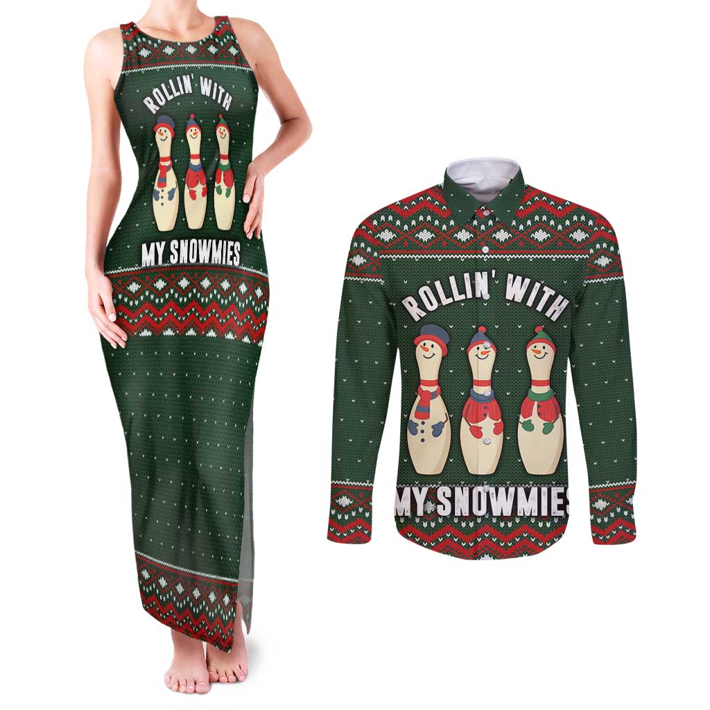 Christmas Bowling Rollin With My Snowmies Couples Matching Tank Maxi Dress and Long Sleeve Button Shirt Xmas Holiday Patterns - Wonder Print Shop