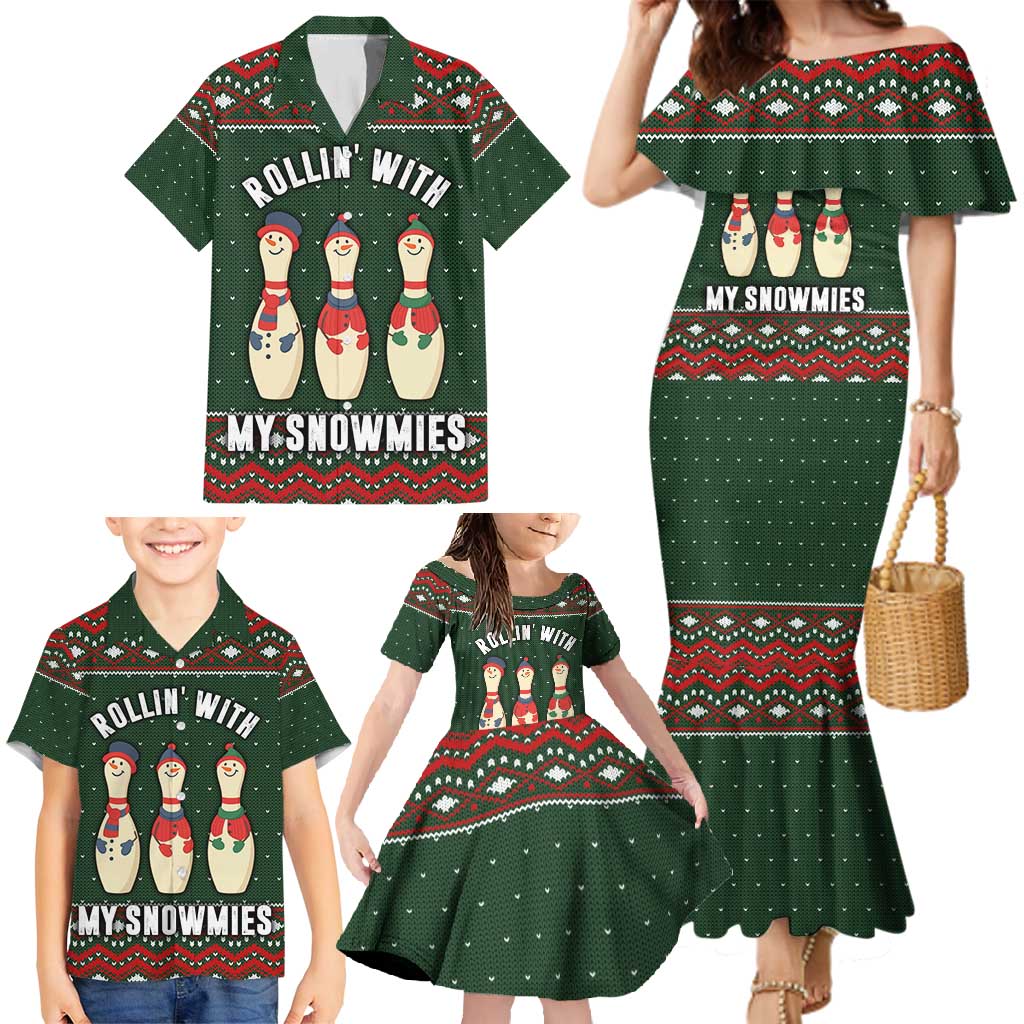 Christmas Bowling Rollin With My Snowmies Family Matching Mermaid Dress and Hawaiian Shirt Xmas Holiday Patterns - Wonder Print Shop