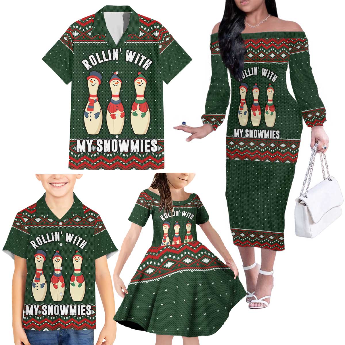 Christmas Bowling Rollin With My Snowmies Family Matching Off The Shoulder Long Sleeve Dress and Hawaiian Shirt Xmas Holiday Patterns - Wonder Print Shop