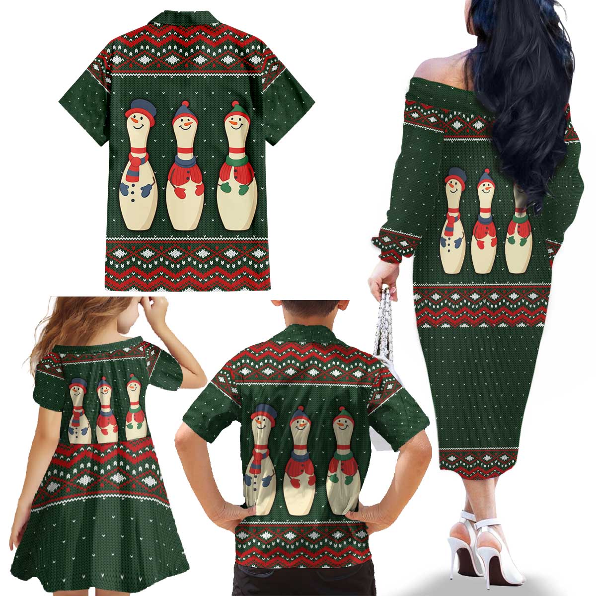 Christmas Bowling Rollin With My Snowmies Family Matching Off The Shoulder Long Sleeve Dress and Hawaiian Shirt Xmas Holiday Patterns - Wonder Print Shop