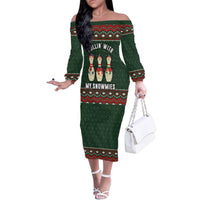 Christmas Bowling Rollin With My Snowmies Family Matching Off The Shoulder Long Sleeve Dress and Hawaiian Shirt Xmas Holiday Patterns - Wonder Print Shop