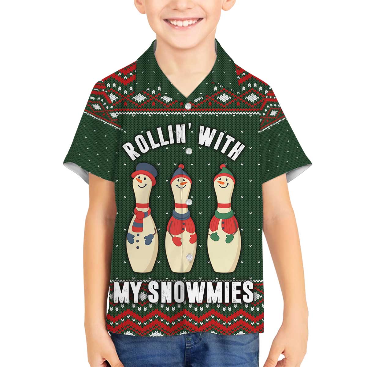 Christmas Bowling Rollin With My Snowmies Family Matching Off The Shoulder Long Sleeve Dress and Hawaiian Shirt Xmas Holiday Patterns - Wonder Print Shop