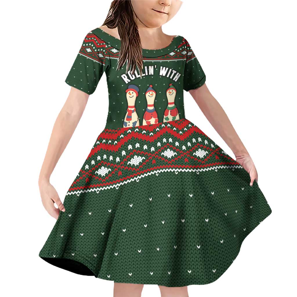Christmas Bowling Rollin With My Snowmies Family Matching Off Shoulder Short Dress and Hawaiian Shirt Xmas Holiday Patterns - Wonder Print Shop
