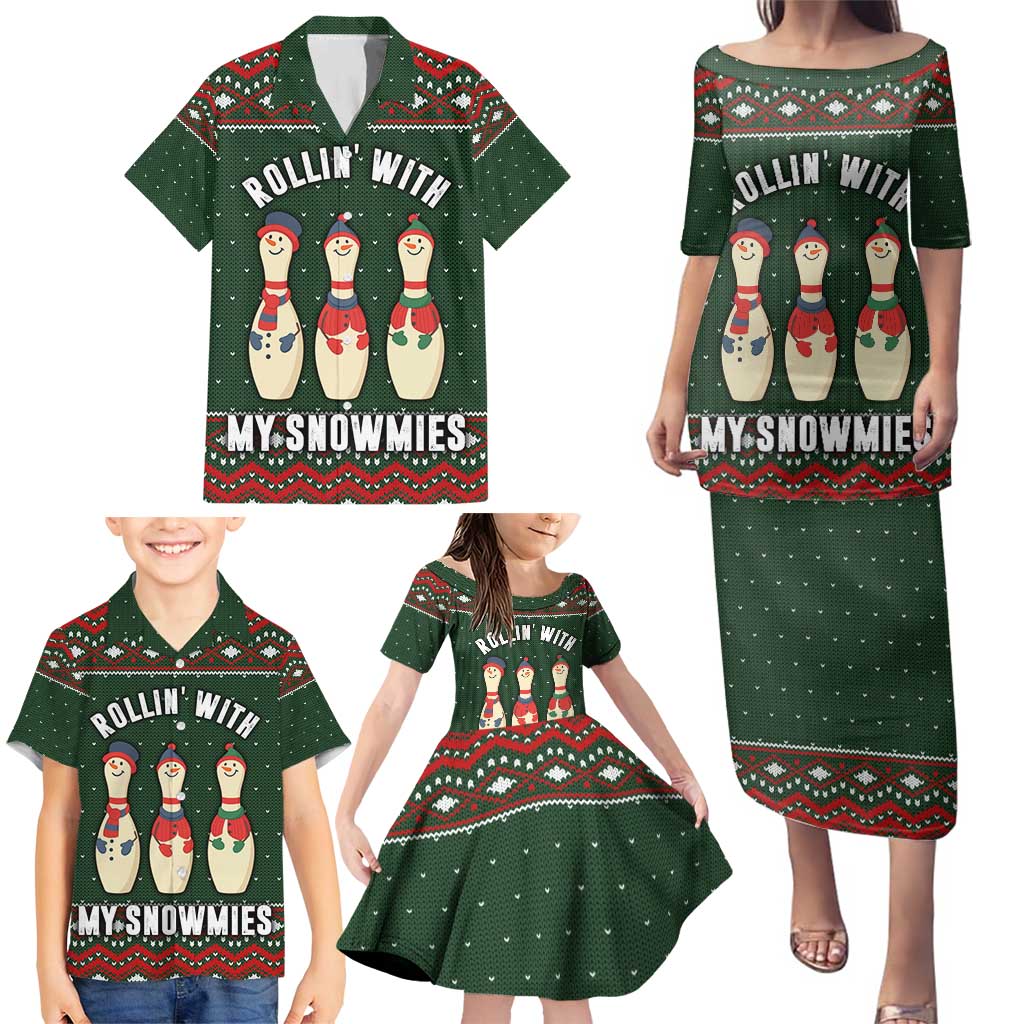 Christmas Bowling Rollin With My Snowmies Family Matching Puletasi and Hawaiian Shirt Xmas Holiday Patterns - Wonder Print Shop