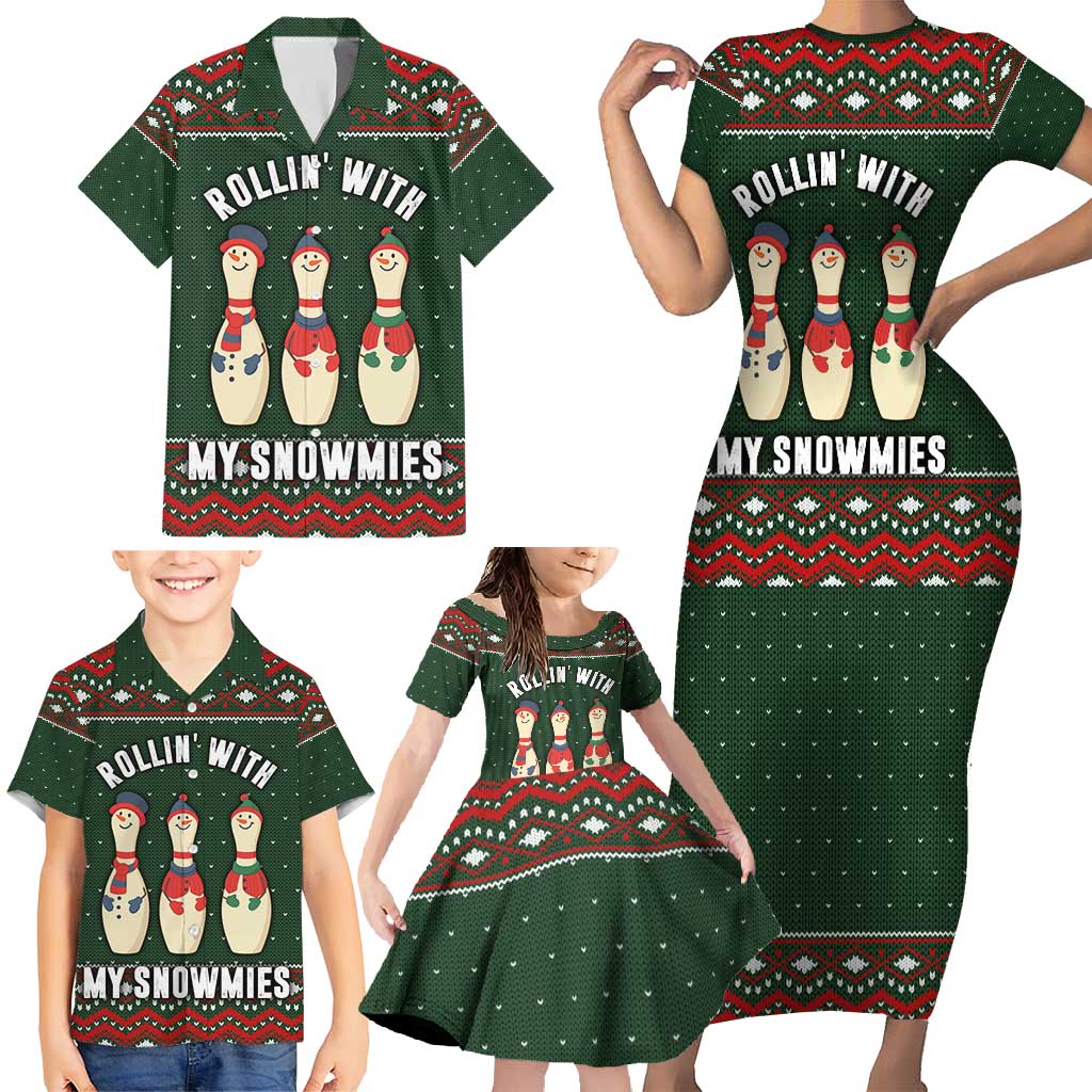 Christmas Bowling Rollin With My Snowmies Family Matching Short Sleeve Bodycon Dress and Hawaiian Shirt Xmas Holiday Patterns - Wonder Print Shop