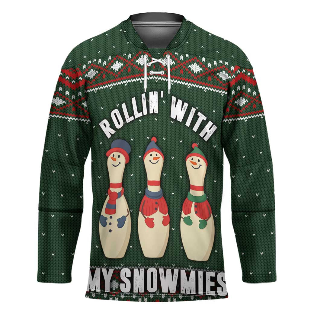 Christmas Bowling Rollin With My Snowmies Hockey Jersey Xmas Holiday Patterns - Wonder Print Shop