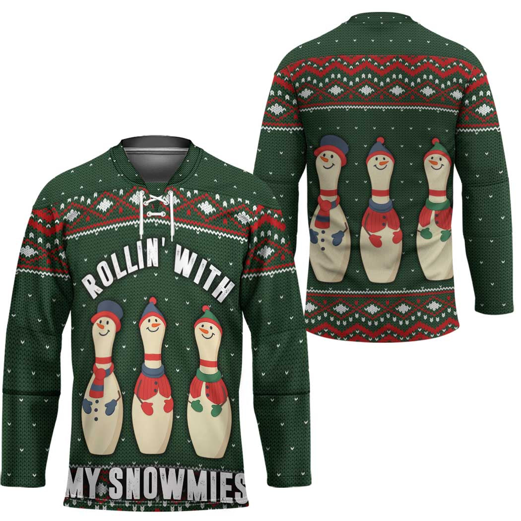 Christmas Bowling Rollin With My Snowmies Hockey Jersey Xmas Holiday Patterns - Wonder Print Shop