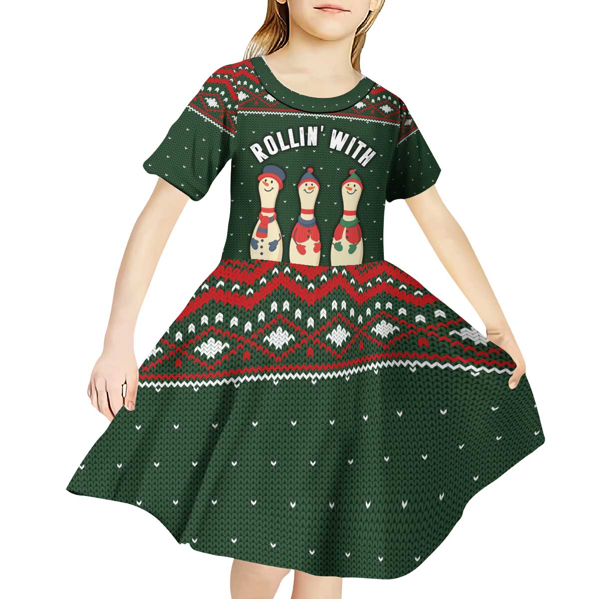 Christmas Bowling Rollin With My Snowmies Kid Short Sleeve Dress Xmas Holiday Patterns - Wonder Print Shop