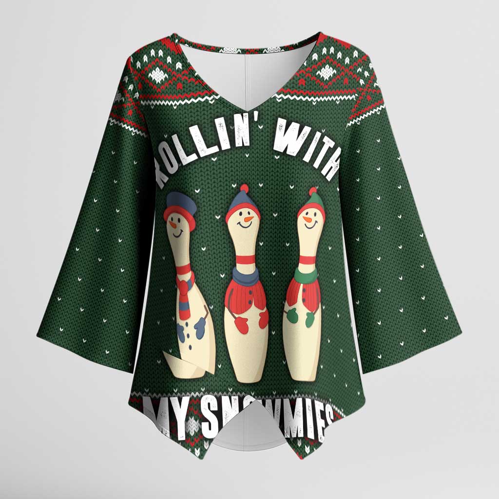 Christmas Bowling Rollin With My Snowmies Kimono Sleeve Blouse Xmas Holiday Patterns - Wonder Print Shop