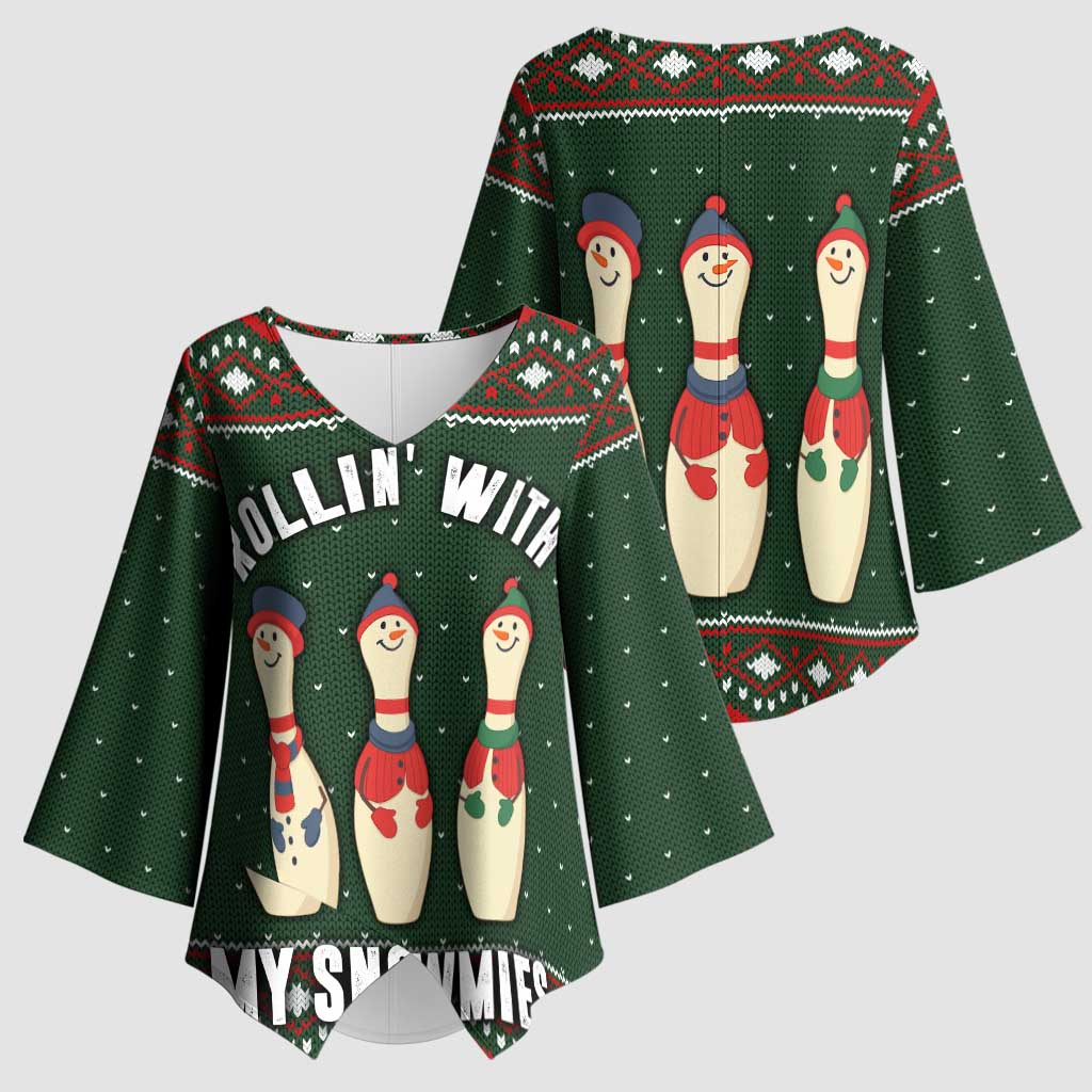 Christmas Bowling Rollin With My Snowmies Kimono Sleeve Blouse Xmas Holiday Patterns - Wonder Print Shop