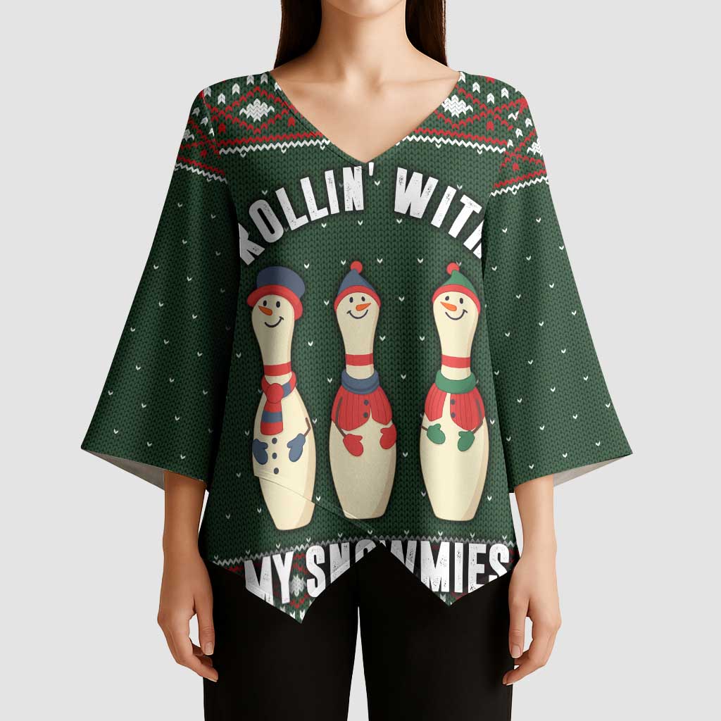 Christmas Bowling Rollin With My Snowmies Kimono Sleeve Blouse Xmas Holiday Patterns - Wonder Print Shop