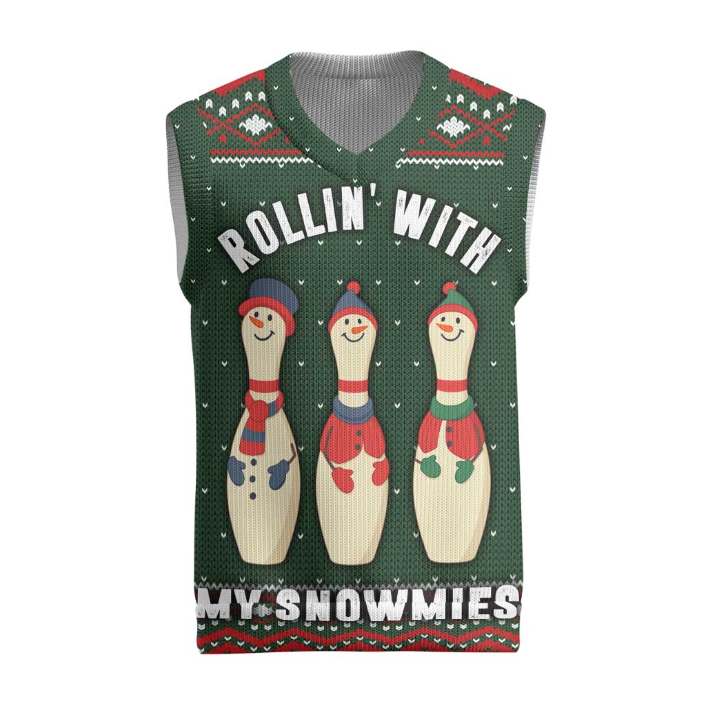 Christmas Bowling Rollin With My Snowmies Christmas Knitted V-Neck Vest Xmas Holiday Patterns - Wonder Print Shop