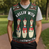 Christmas Bowling Rollin With My Snowmies Christmas Knitted V-Neck Vest Xmas Holiday Patterns - Wonder Print Shop
