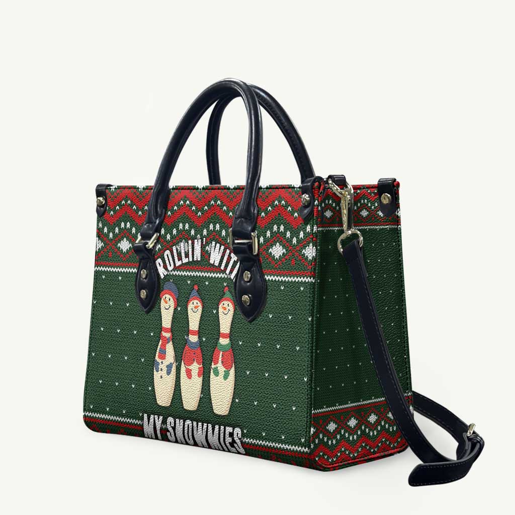 Christmas Bowling Rollin With My Snowmies Leather Bag Xmas Holiday Patterns - Wonder Print Shop