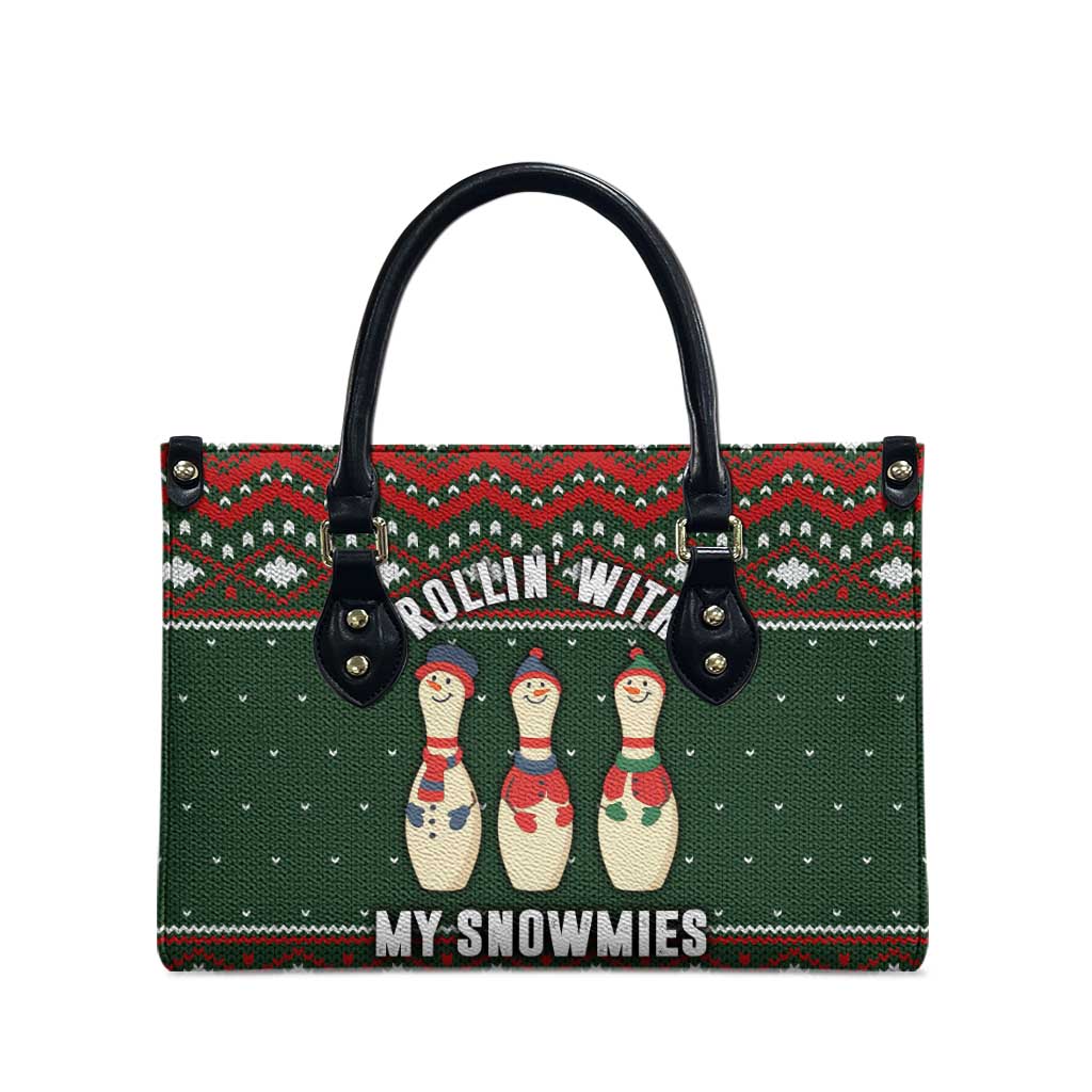 Christmas Bowling Rollin With My Snowmies Leather Bag Xmas Holiday Patterns - Wonder Print Shop