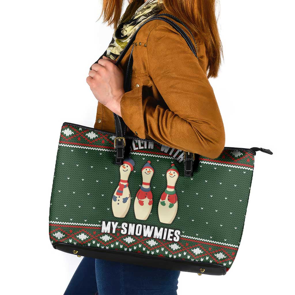 Christmas Bowling Rollin With My Snowmies Leather Tote Bag Xmas Holiday Patterns - Wonder Print Shop