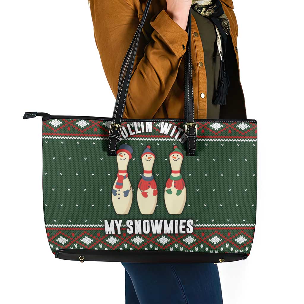 Christmas Bowling Rollin With My Snowmies Leather Tote Bag Xmas Holiday Patterns - Wonder Print Shop