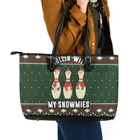 Christmas Bowling Rollin With My Snowmies Leather Tote Bag Xmas Holiday Patterns - Wonder Print Shop