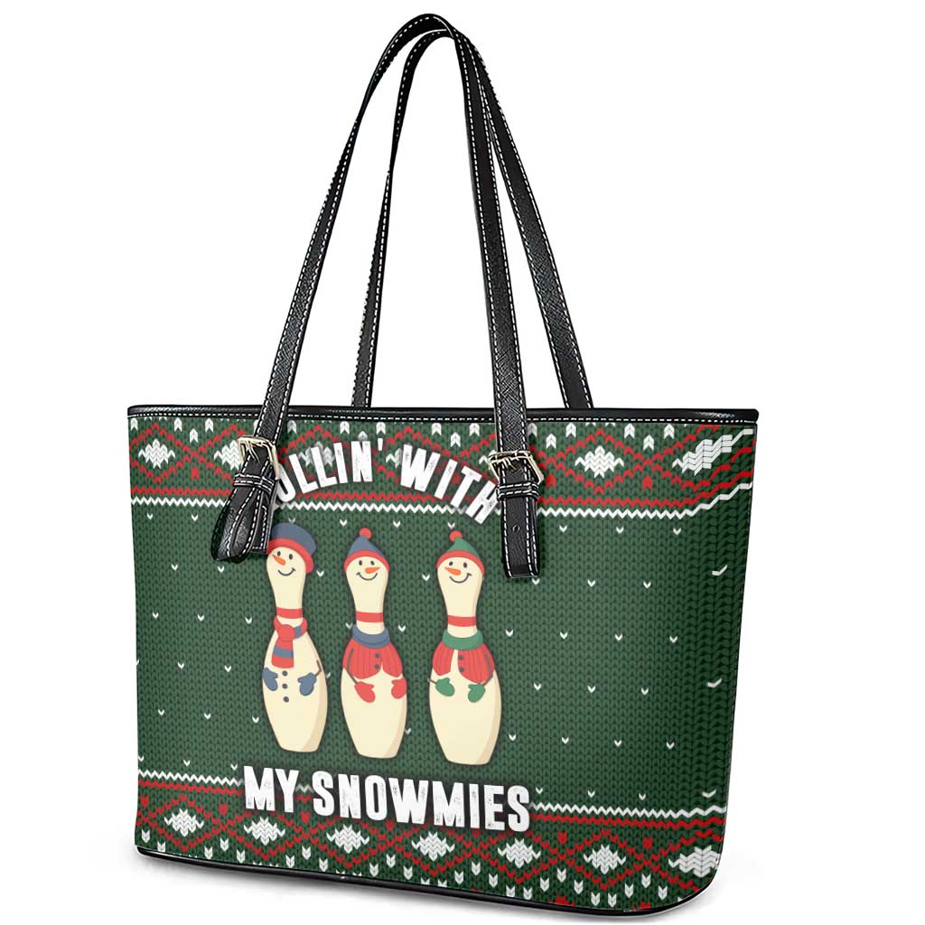 Christmas Bowling Rollin With My Snowmies Leather Tote Bag Xmas Holiday Patterns - Wonder Print Shop