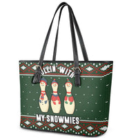 Christmas Bowling Rollin With My Snowmies Leather Tote Bag Xmas Holiday Patterns - Wonder Print Shop