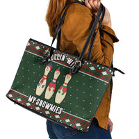 Christmas Bowling Rollin With My Snowmies Leather Tote Bag Xmas Holiday Patterns - Wonder Print Shop