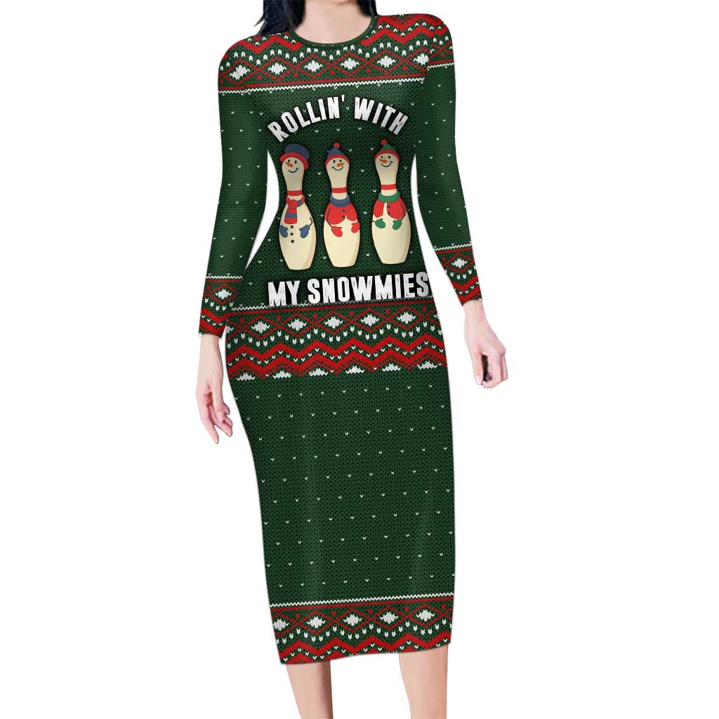 Christmas Bowling Rollin With My Snowmies Long Sleeve Bodycon Dress Xmas Holiday Patterns - Wonder Print Shop