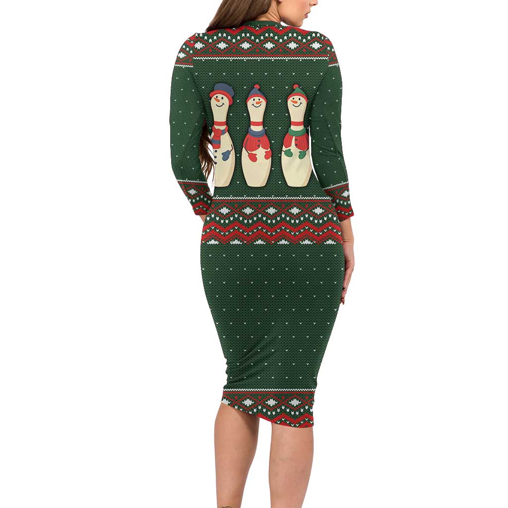 Christmas Bowling Rollin With My Snowmies Long Sleeve Bodycon Dress Xmas Holiday Patterns - Wonder Print Shop