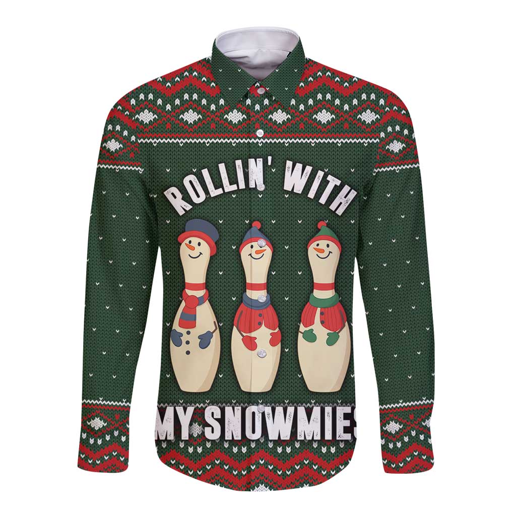 Christmas Bowling Rollin With My Snowmies Long Sleeve Button Shirt Xmas Holiday Patterns - Wonder Print Shop