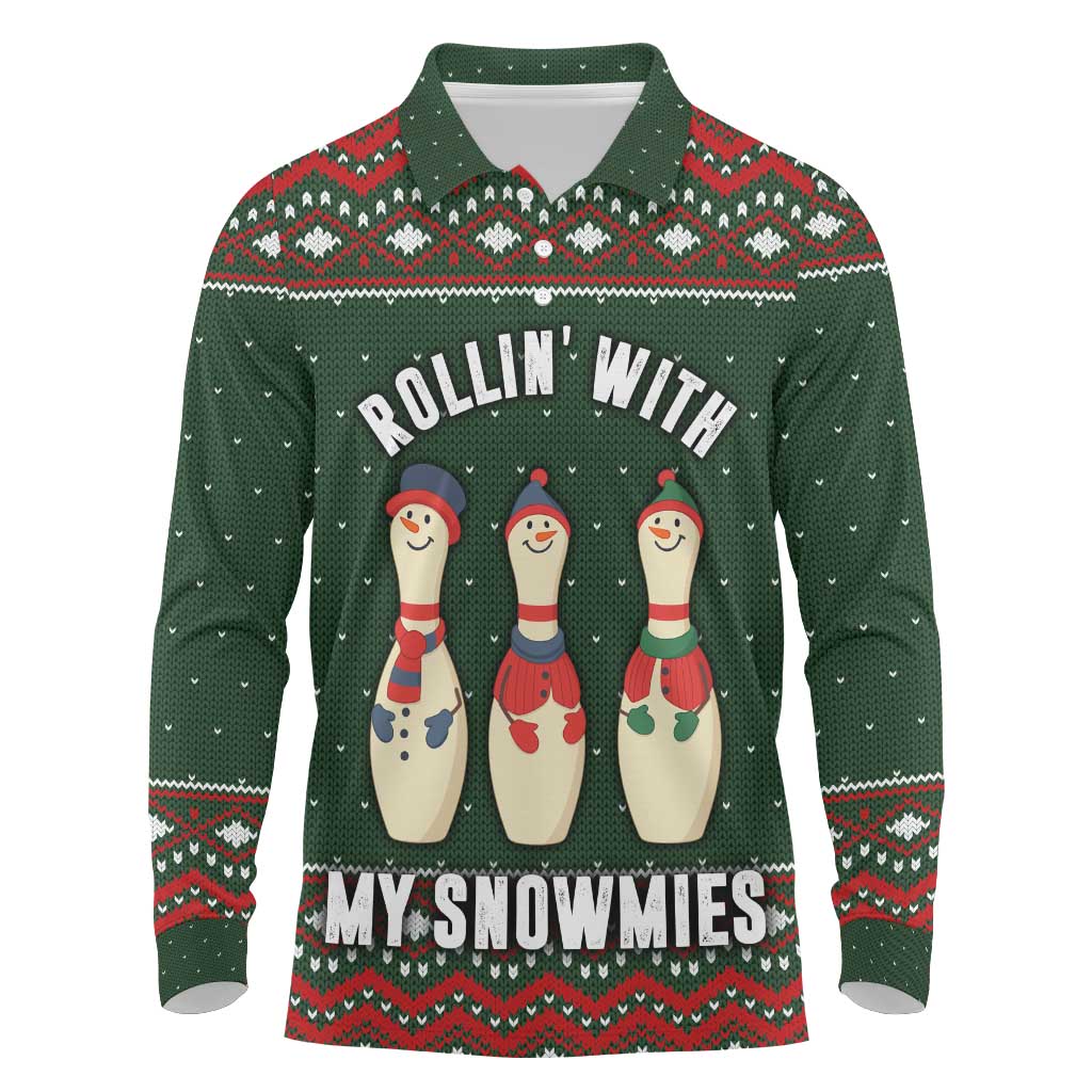 Christmas Bowling Rollin With My Snowmies Long Sleeve Polo Shirt Xmas Holiday Patterns - Wonder Print Shop
