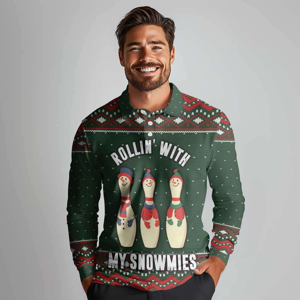 Christmas Bowling Rollin With My Snowmies Long Sleeve Polo Shirt Xmas Holiday Patterns - Wonder Print Shop