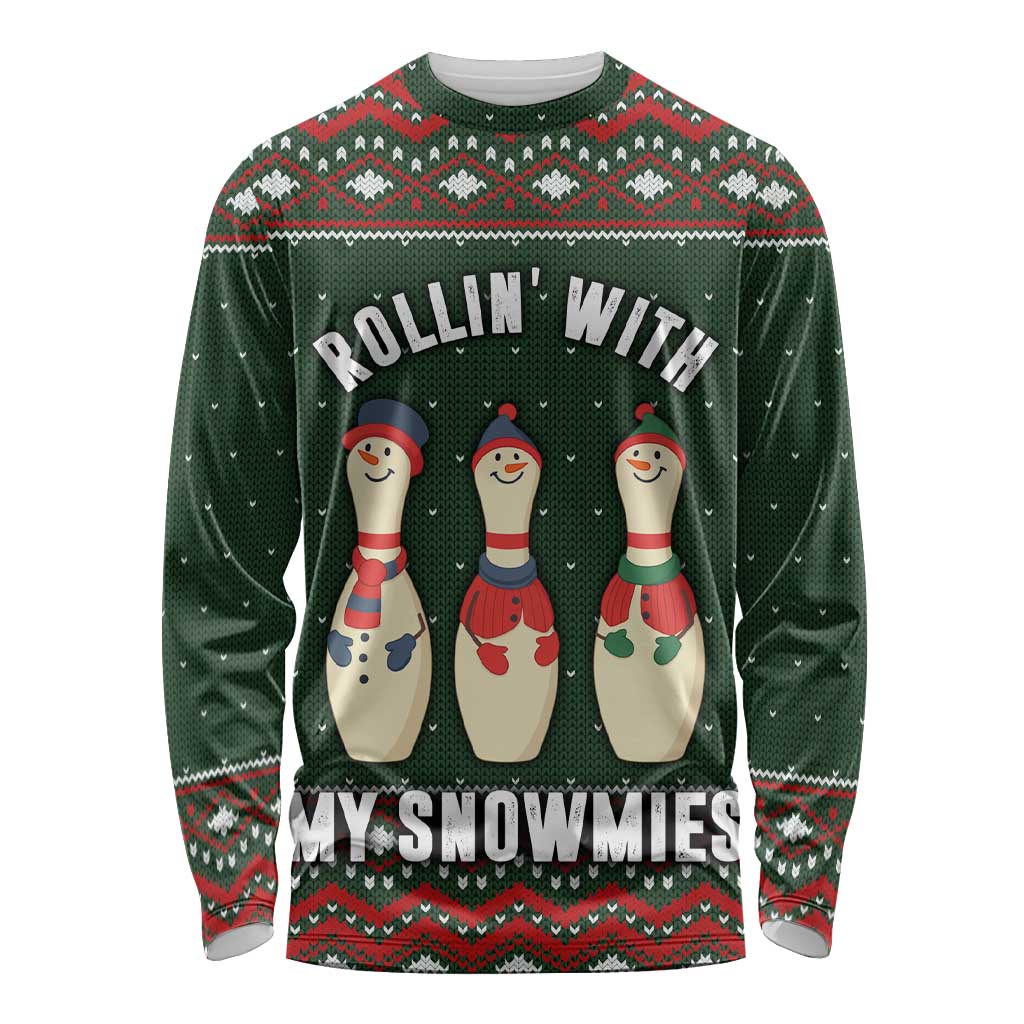 Christmas Bowling Rollin With My Snowmies Long Sleeve Shirt Xmas Holiday Patterns - Wonder Print Shop