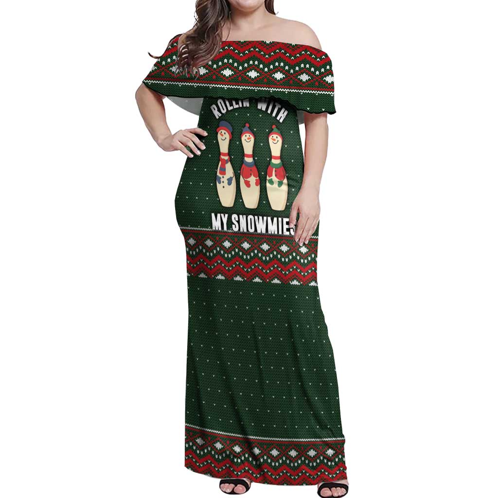 Christmas Bowling Rollin With My Snowmies Off Shoulder Maxi Dress Xmas Holiday Patterns - Wonder Print Shop