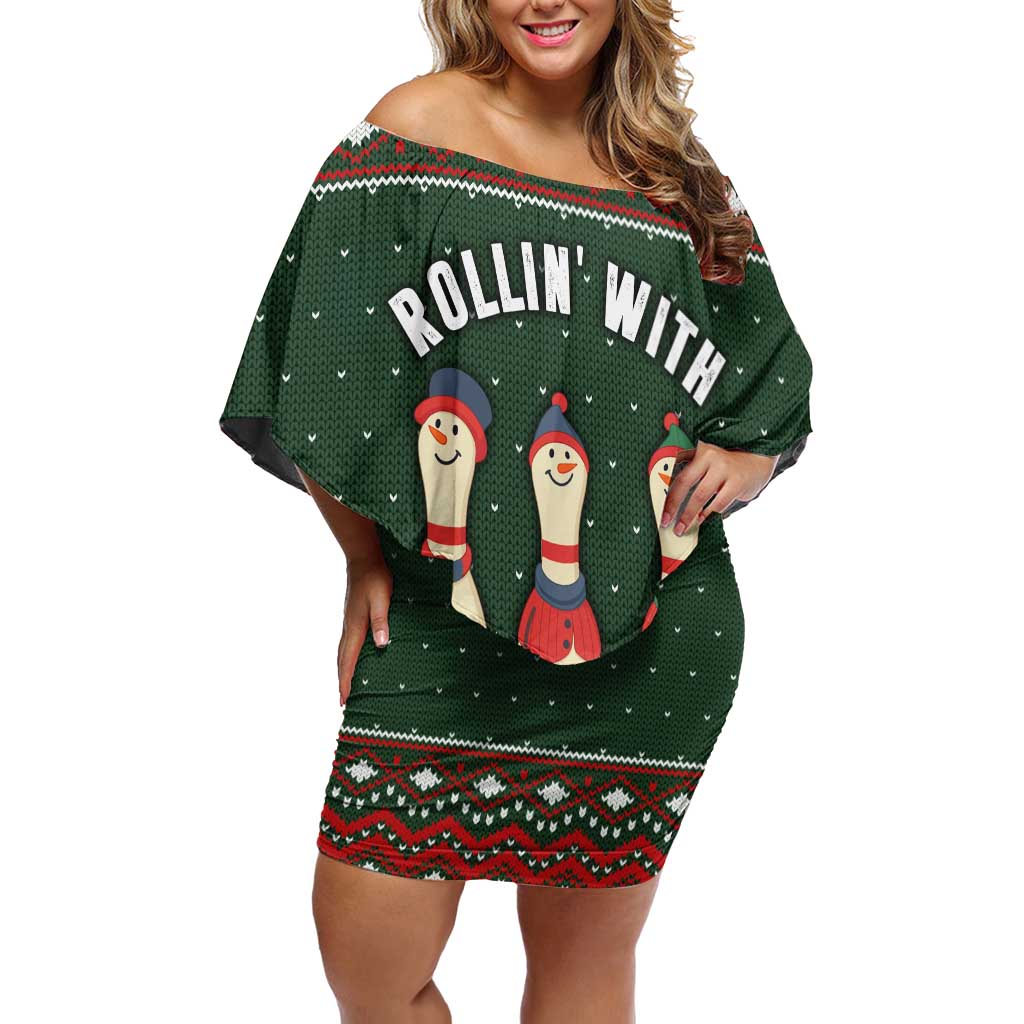 Christmas Bowling Rollin With My Snowmies Off Shoulder Short Dress Xmas Holiday Patterns - Wonder Print Shop