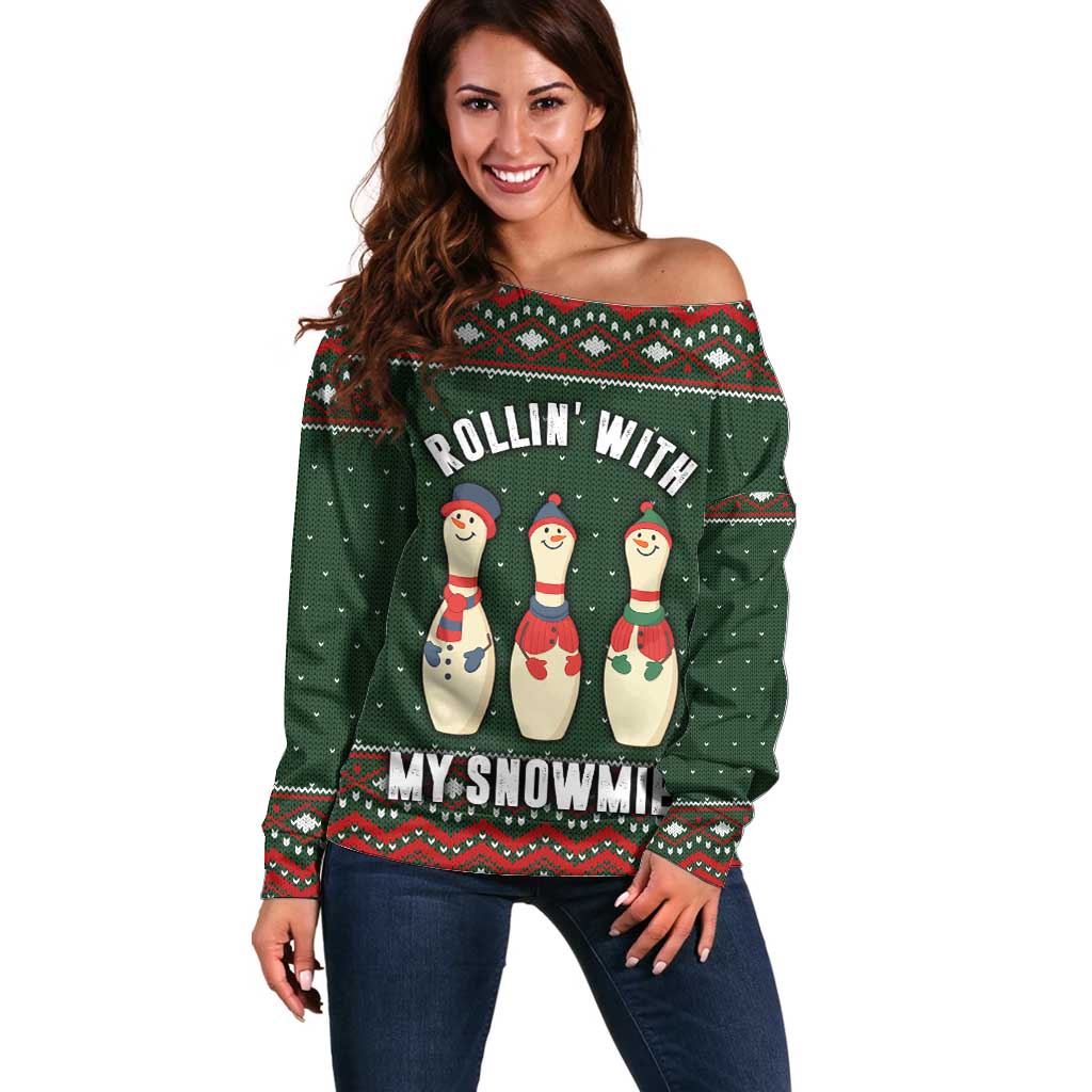 Christmas Bowling Rollin With My Snowmies Off Shoulder Sweater Xmas Holiday Patterns - Wonder Print Shop